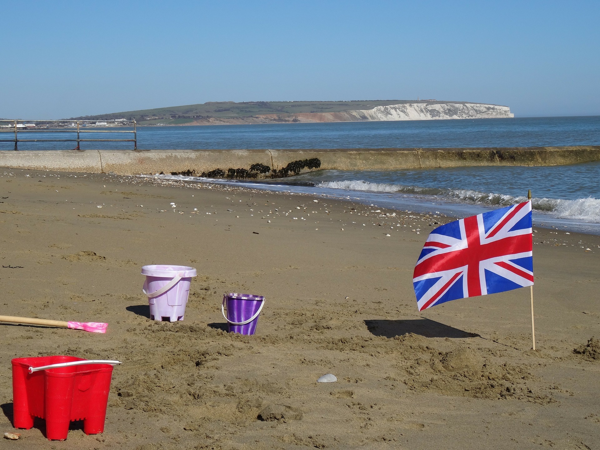 Beach with Union Jack Flag and buckets